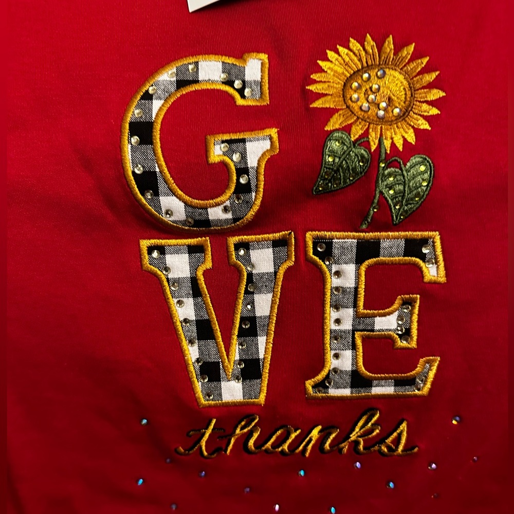 Cute Quacker Factory "Give Thanks" sunflower and rhinestone tunic top L